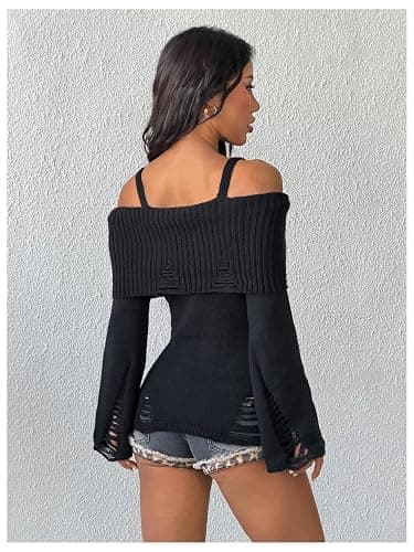 SOLY HUX Women's Cold Shoulder Ripped Sweater Goth Punk Long Sleeve Fitted Jumper Pullovers thumbnail 3