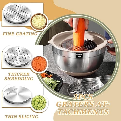 Mixing Bowls with Airtight Lids Set, 26PCS Stainless Steel Khaki Bowls with Grater Attachments, Non-Slip Bottoms & Kitchen Gadgets Set, Size 7, 4, 2.5, 2.0,1.5, 1QT, Great for Mixing & Serving thumbnail 3