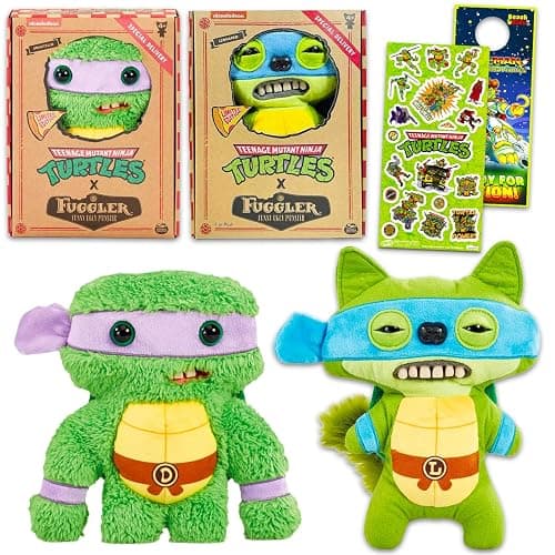 Fuggler Teenage Mutant Ninja Turtles Plushies Set for Kids - Bundle 2 Fuggler Donatello and Leonardo 9 Inch Dolls, Plus Sticker & More | TMNT Funny Ugly Plush Set for Boys, Girls - Image 1