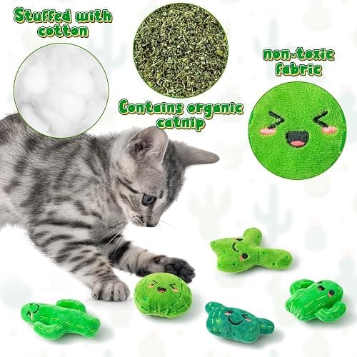 MALLMALL6 Catnip Toys for Cat - 5Pcs Cactus Prickly Plants Catmint Interactive Kitten Toy for Indoor Cats, Cute Soft Green Pet Supplies for Kitty Lover Gifts, Kitten Teething Chew Presents Set thumbnail 3
