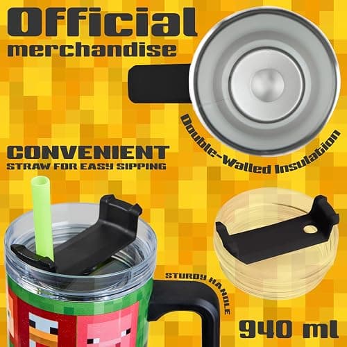 Minecraft Insulated Tumbler Travel Mug 940ml/33oz Creeper Water Bottle with Straw & Handle Thermal Double Wall Vacuum Insulation Drinks Cold Up to 17Hrs, Hot Up to 8Hrs, 45Hrs Ice thumbnail 5