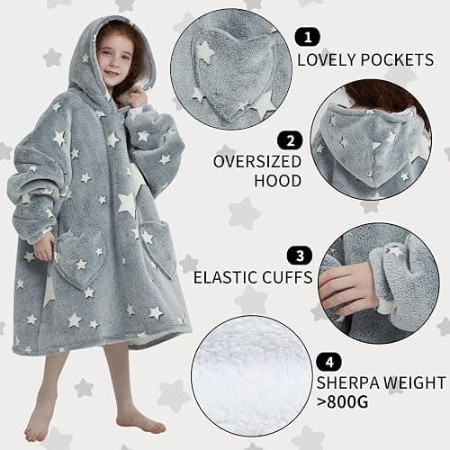 Mewkou Wearable Blanket Hoodie for Kids Oversized Sherpa Blanket Hoodie for Kids Boys Girls Teens 6-13YR,Glow in The Dark Star - Kids 6-13YR - Dark Gray thumbnail 5
