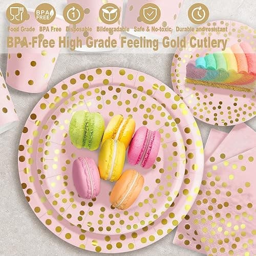 AIRE 175PCS Pink Rose Gold Plates Party Supplies Severs 25 Guests Disposable Party Decorations, Plastic Forks Knives Spoons, Golden Dot Paper Plates Napkins Cups for Baby Shower Birthday Wedding thumbnail 4