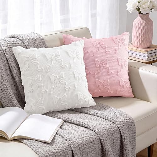 HEIFAM Pink Bow Throw Pillow Covers 18x18in, Pink Throw Pillow Cases Set of 4, White Bow Pillow Covers Decorations Faux Fur Soft, Bowknot Preppy Stuf Pillowcovers for Holiday Sofa Couch Home Decor thumbnail 6
