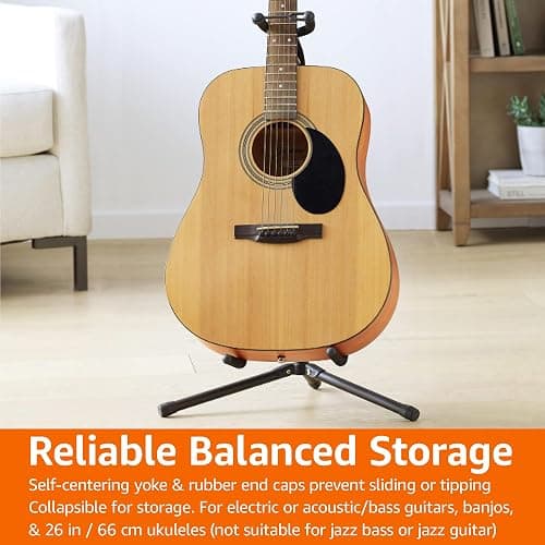 Amazon Basics Height Adjustable Foldable Guitar Stand with Secure Support, Padded Non-Slip Floor Stand for Acoustic, Electric, Bass and Banjos, Portable Display Stand, Black thumbnail 8