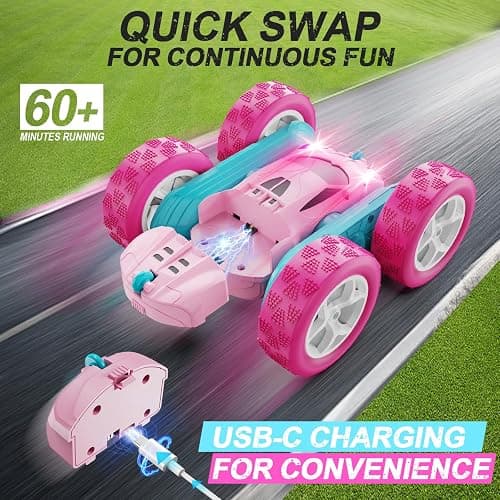 QUNREDA RC Cars, Pink Remote Control Car for Girls, 2.4 GHZ Double Sided RC Stunt Car 360° Rotating Remote Control Crawler with Headlights Car Toys for 6 7 8 9 10 11 12 Girls Birthday Gift Grandkids thumbnail 2