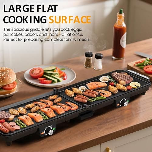 SUNVIVIPRO Electric Griddle Indoor, 1600W Large Flat Top Grill with 17.5" x 9" Nonstick Plates, 2 Cooking Zone with Adjustable Temp, Pancake Egg Maker with Drip Tray, Indicator Light thumbnail 3
