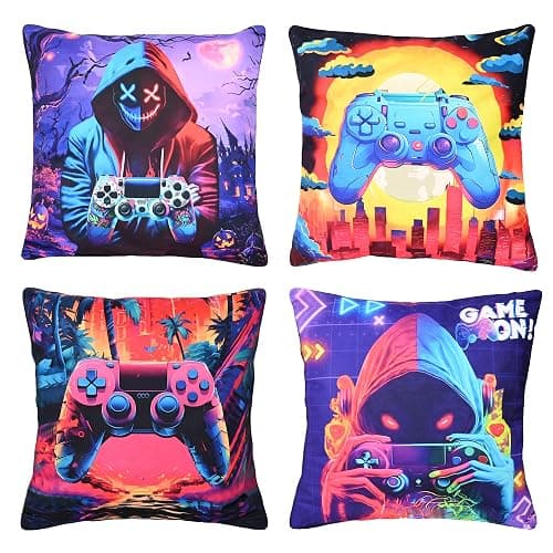 jvycjlu Gamer Pillow Cases 4-Pack, 18x18 Inch Gamer Room Decor for Boys & Gifts for Teen Boys, Soft Short Plush Replacement Pillow Covers for Chair, Sofa, Bed (No Inserts) - Image 1
