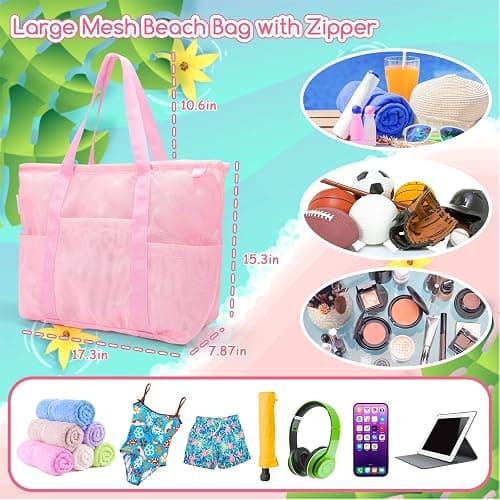 Tagitary Mesh Beach Bag with Zipper Large Beach Tote Waterproof Sandproof with 8 Pockets for Toys Pool Bag Beach Accessories thumbnail 4