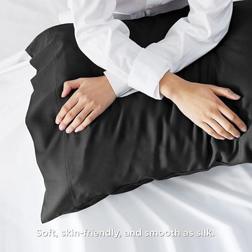 Bedsure Pillow Cases Queen, Cooling Pillow Cases, Rayon Derived from Bamboo Black Pillowcases Queen Size Set of 2, Silky Soft & Breathable Bedding Pillow Covers with Envelope Closure, 20x30 Inches thumbnail 4