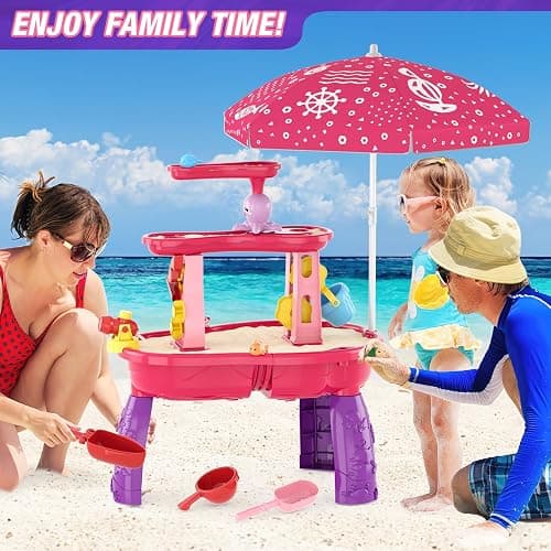 HYES Water Table for Toddlers 3-5, 3-Tier Kids Splash Sand Table Water Toys with Umbrella, Rain Showers Splash Pond for Outdoor Beach Backyard Summer, Activity Sensory Playset for Boys Girls, Red thumbnail 7