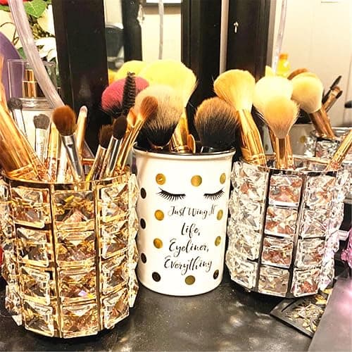 LUGUNU Makeup Brush Holder Organizer Golden Crystal Bling Personalized Gold Comb Brushes Pen Pencil Storage Box Container (Crystal Pot-Sliver) thumbnail 4