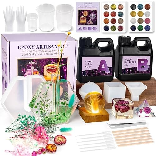 K KERNOWO Epoxy Resin Kit with Light for Beginners, Resin Kit and Molds Complete Set DIY Crafts for Adults Women, Epoxy Set with Vase Mold, 3D Dried Flowers, Measuring Cups and Resins Supplies-20OZ - Image 1