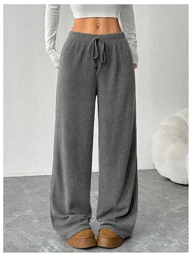 OYOANGLE Women's Ribbed Knit Drawstring Waist Straight Leg Pants Comfy Lounge Trousers thumbnail 4
