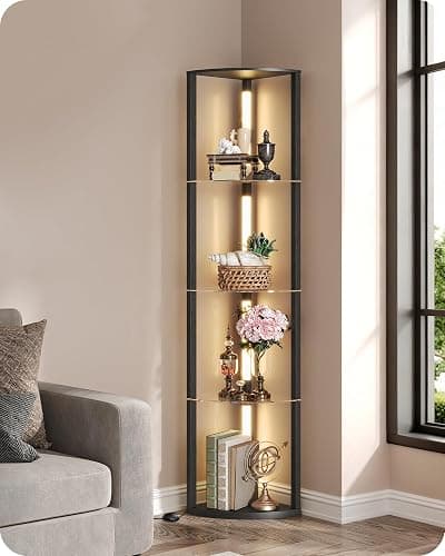 GOEBLESON Floor Lamp with Shelves, 4 Tier Wooden Standing Lamp, 360° Rotatable Pole, 3 CCT & Dimmable Corner Floor Lamps for Bedroom, Living Room, Study, Office, Black ZG54LDK05 - Image 1