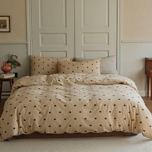Bildenly Heart Duvet Cover Queen Size Brown Hearts Vertical Ticking Striped Bedding Set Vintage Striped Love Heart Soft Breathable Microfiber Comforter Cover Set with Zipper Closure and 2 Pillowcases thumbnail 2