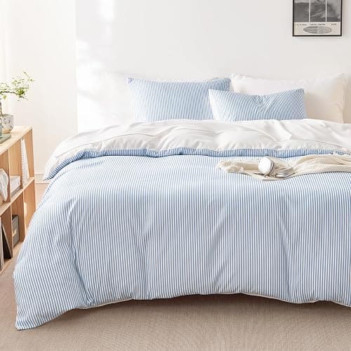 Wake In Cloud - Striped Comforter Set, Ticking Stripe Vertical Pinstripe Neutral Farmhouse Pattern Printed, Soft Lightweight Bedding, 3 Pieces, Blue White, Queen Size - Image 1