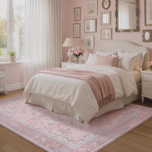 Pink Area Rug 6x9 Washable Rugs for Bedroom Girls Floral with Non Slip Backing, Low Pile Carpet for Living Room, Nursery Room, Dinning Room, Light Pink Blue thumbnail 3