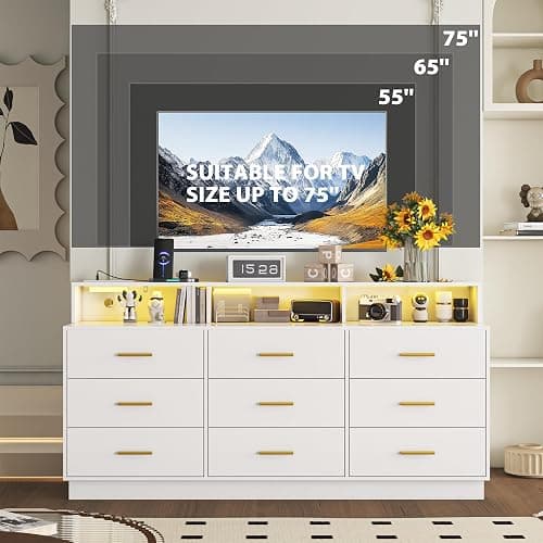 knoworld White 9 Drawer Dressers for Bedroom, Modern Large Dresser with LED Light and Power Outlet, Wooden Long Dresser, Triple Dressers for Bedroom, Living Room, Entryway, Hallway thumbnail 5