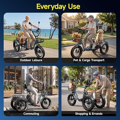 tccyica Electric Tricycle for Adults, Fat Tire 3 Wheel Electric Trike Ebike, 750W Motor Peak 1350W, 52V 32Ah Removable Battery, 50 Miles Range, 7 Speed, 4-Piston Hydraulic Brakes, Cargo Rack thumbnail 8