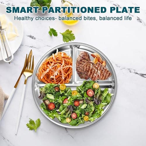 EWFEN Stainless Steel Toddler Plate Set of 6, 9" Portion Control Plates Divided Plate for Adults Kids Balance Lunch, Non Slip | Unbreakable Toddler Baby Feeding Set Dishwasher Safe thumbnail 6