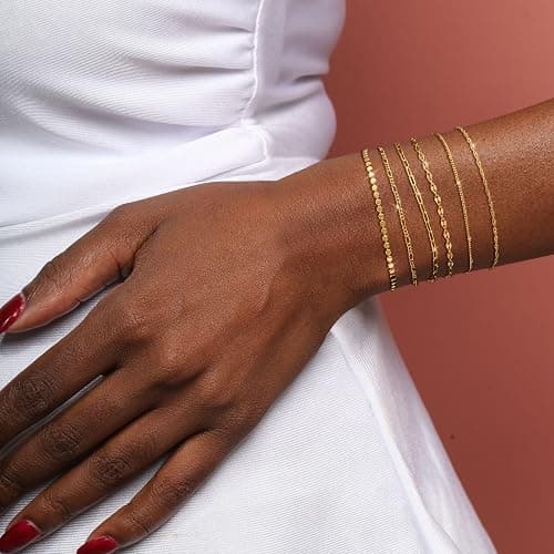 Tewiky Waterproof Gold Bracelets for Women Non Tarnish - Dainty Stack 14K Gold Plated/Sterling Silver Chain Bracelets Set Adjustable Trendy Jewelry for Women thumbnail 2