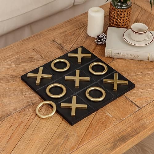 NIKKY HOME 12x12 Inch Tic Tac Toe Wood Game Board Classic Coffee Table Decor Modern Wooden Travel Game for Family, Black & Gold - Black thumbnail 5