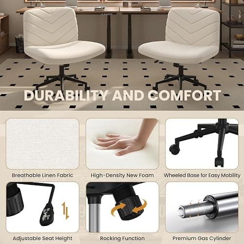 Yaheetech Wide Criss Cross Legged Office Desk Chair with No Wheels, Vanity Comfy Swivel Computer Chairs for Home Office Reading Makeup, Beige thumbnail 4