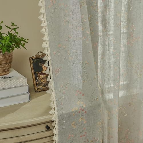 Joydeco Blue Floral Boho Curtains 84 Inch Length 2 Panels, Super Soft Bohemian Farmhouse Curtains with Tassels, Semi Sheer Light Filtering Drapes for Bedroom Living Room (Rod Pocket, 52Wx84L) - Floral 2 - 52"W x 84"L (Pack of 2) thumbnail 7