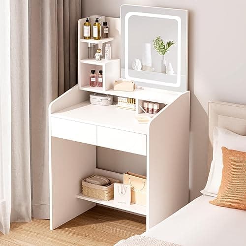 LIVELYGLOW Small Vanity Desk Set with Square Mirror and Light- Vanity Desk with Drawer- White - 2- White - Square Mirror