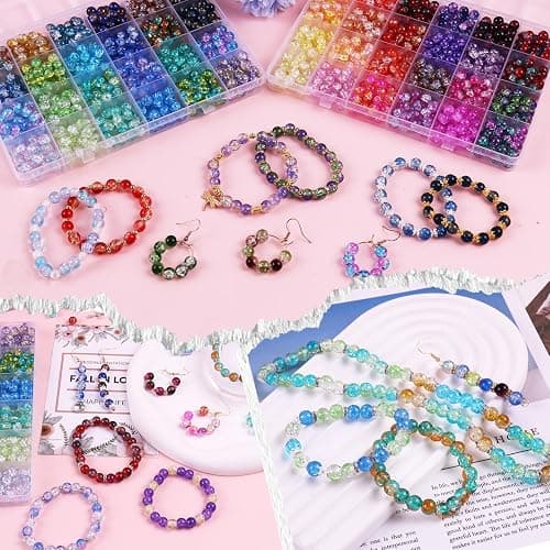 1800PCS 8mm Crackle Glass Beads Bracelet Making Kit, 48 Colors Glass Beads for Jewelry Making, Round Crystal Beads for Bracelets, Friendship Bracelet kit for DIY Crafts Gifts, 2 Box (Crackle Colors) thumbnail 6