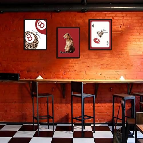 Framed Trendy Leopard Wall Art Set of 3, Red Funky Preppy Cheetah Wall Decor Paintings, Lucky 8 Aesthetic Room Decor Prints Pictures for Girls Bedroom Apartment Dorm 12x16 Inch Black Frame thumbnail 8