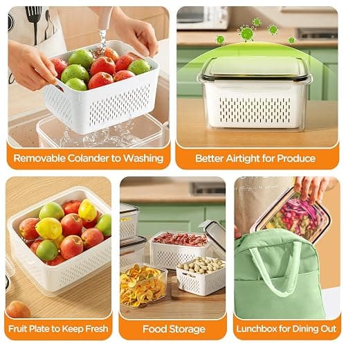 5-Pack Fruit Storage Containers for Fridge with Removable Colanders, 4 in 1 Produce Storage Containers with Lids, Leakproof Fridge Organizer Bins for Salad Berry Lettuce Vegetables Meat Keeper Fresh thumbnail 6