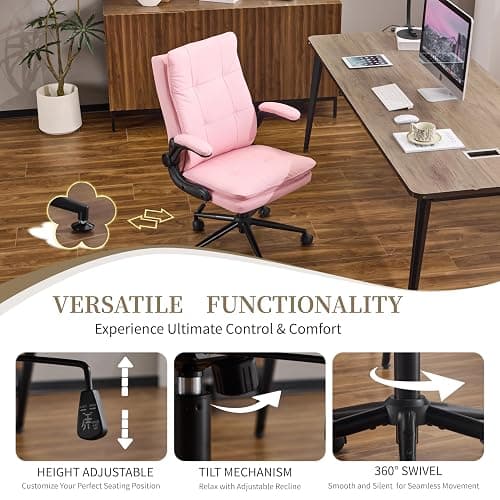 VINGLI Comfy Pink Leather Office Desk Chair,High-Back Ergonomic Computer Small Gaming Chair with/No Wheels,Adjustable Height,Flip-Up Arms,360° Swivel for Vanity,Home Office,Adults,Teen,Girls&Women thumbnail 5