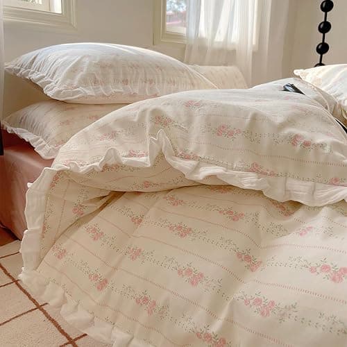 GETIYA Elegant Hellrosa Blumen Bettwäsche 135x200 Baumwolle Bettbezug Damen Mädchen Blümchen Bettbezug Zweiteilig Rüschen Bettwäsche Weiß Rosa Blumen Bettwaesche mit 1 Kissenbezug 80x80 - Image 1