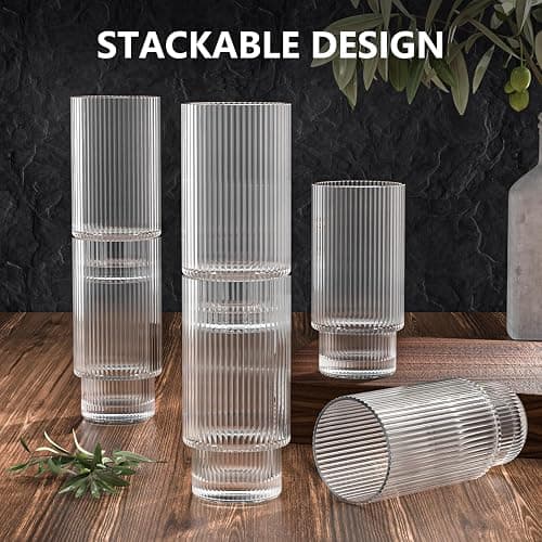 CWHHRN 16OZ Ribbed Glass Cups with Lids and Straws 4 Set, Vintage Glassware for Whiskey Cocktail Beer, Iced Coffee Cups with Lid, Glass Tumbler with Straw and Lid (4 PACK) thumbnail 5
