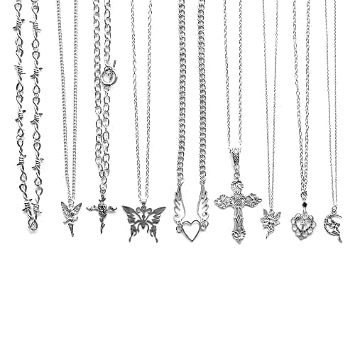 LIRUNQIN 9 Pcs Grunge Necklace Set Goth Cross Fairy Thorns Gothic Angel Heart Feather Chain Choker Necklace for Women Teen Girls - Image 1