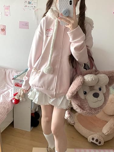 Women Kawaii Zip Up Hoodie Girls Cute Sheep Cartoon Embroidery Harajuku Long Sleeve Hooded Pullover Sweatshirt thumbnail 5