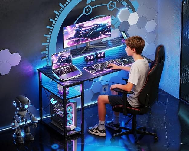 MOTPK 40 Inch Small Gaming Desk with Storage & Led Lights, Computer Desk with Shelf, Reversible Gamer Desk with Adjustable Monitor Stand, Carbon Fiber Texture Black thumbnail 2
