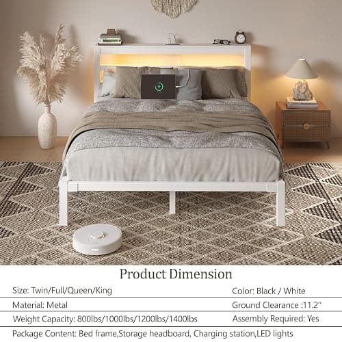 HAY.com Full Size Bed Frame with LED Light & Charging Station, Metal Platform Bed with Storage Headboard & Under-Bed Storage, Heavy Duty Slats Support, No Box Spring Needed, Noise-Free, White thumbnail 9