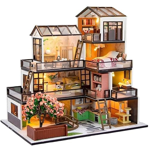 OZJAY DIY Miniature House Kit, Tiny House Kit with Dust Proof Cover & Tools, DIY Wooden Dollhouse Miniature Kit for Adults Teen, Wooden Crafts Lovely Dollhouse Kit - Dream Town - Image 1