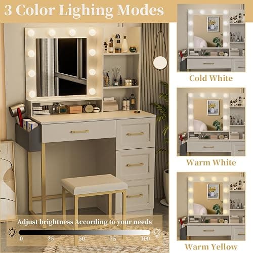 BONITURE Vanity Desk with Mirror, LED Lights and Power Outlet Makeup Vanity Table Set, Makeup Table with Stool 2 Drawers, 3 Color Modes Available for Bedroom,White+Gold thumbnail 6