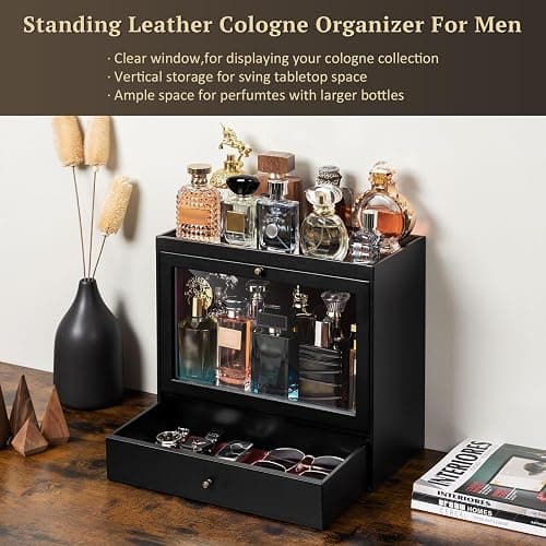 Emfogo Cologne Organizer, Leather Perfumes Organizer for Dresser, Large Capacity Dustproof Cologne Holder with Drawer Storage Perfume Stand Organizer, Ideal Gift for Loved ones thumbnail 3