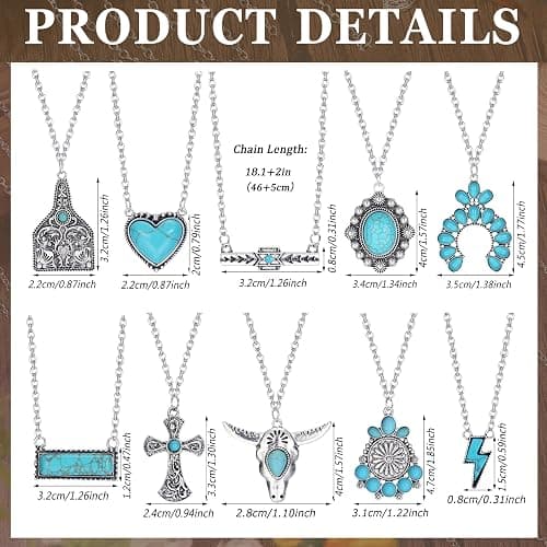 FUNRUN JEWELRY 10Pcs Western Necklaces for Women Turquoise Necklace Cow Tag Lightning Bolt Horseshoe Bar Turquoise Pendant Necklace Cowgirl Boho Western Jewelry Set thumbnail 3