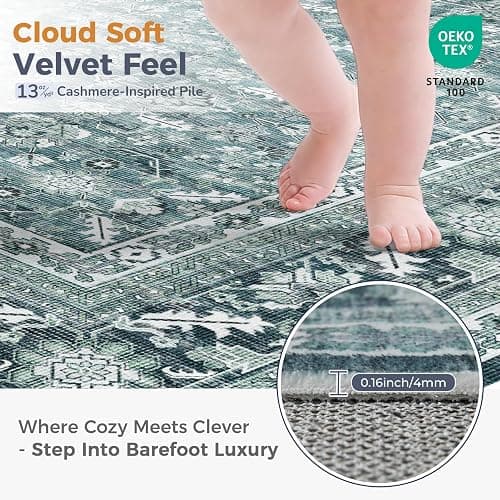 OPPODREAM Vintage Teal 2x10 Runner Rug, 2 x 10 Retro Washable Rug Non Slip, Low-Pile Faux Wool Carpet, Soft Distressed Floor Mat for Kitchen, Hallway, Entry-Way, Entrance, Indoor Back Door thumbnail 2