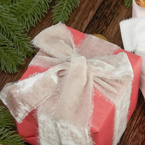 Keypan Light Gray Velvet Ribbon for Gift Wrapping - 1 1/2 inch Wide Handmade Fringe Fabric Ribbons for Christmas Decorations, Baby Shower, Flower Bouquet thumbnail 6