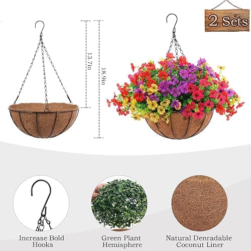 Hananona 2 Set Artificial Outdoor Flowers with Hanging Basket, 2 Hanging Planters with 24 Pcs Flowers for Spring Summer Front Porch Garden Patio Home Decor (2, Red, Purple, Yellow, Rose Red) thumbnail 3