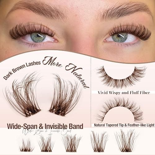 Brown Lash Clusters Natural Eyelash Clusters Invisible Band Wispy Lash Extension 8-16mm D Curly Cluster Eyelash Extensions Clear Band Individual Clusters Lashes DIY Volume Dark Brown Eyelash Extension thumbnail 2