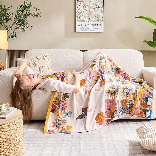 XIBLC Boho Throw Blanket, 100% Cotton Ultra Soft Luxury Throw Rustic Quilt, 50"x60" Floral Bird Butterfly Farmhouse Decor Bed Blankets, All Season Rustic Reversible Bohemian Throw for Bed - Yellow thumbnail 5