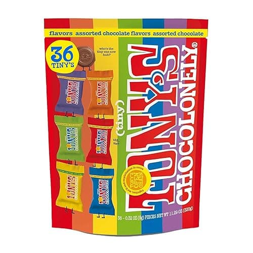 Tony's Chocolonely Assorted Milk Chocolate Pieces - Belgium Chocolate, Fairtrade & B Corp Certified (36 pieces, 11.28 oz) - Assorted Chocolate Flavors - 11.68 OZ (1 Pack of 36 Tiny's)